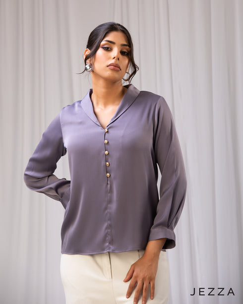 Sculpted Elegance: Shawl Collar Crinkle Satin Top 64921